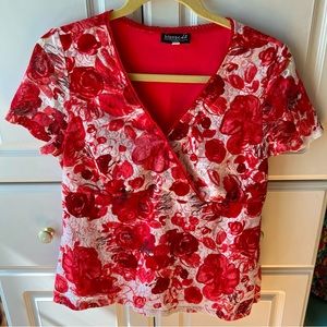 Floral Vintage V Neck Lace Hot Pink Blouse